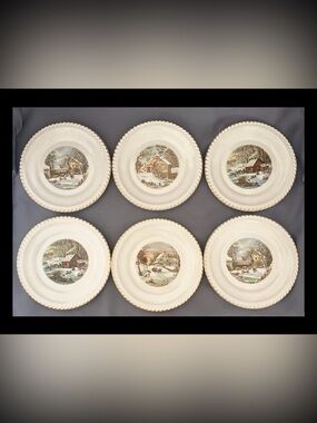 Vintage Harkerware Plates Country Set Of 6 Made In USA 6 1/4” Gold Trimmed EUC
